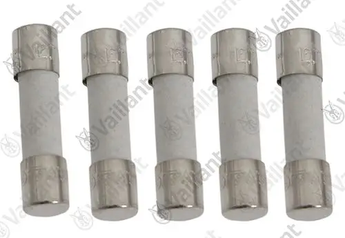 Fünf Sicherungen in silberner Metallaußenschicht mit weißem keramischen Körper, geeignet für Vaillant Produkte.